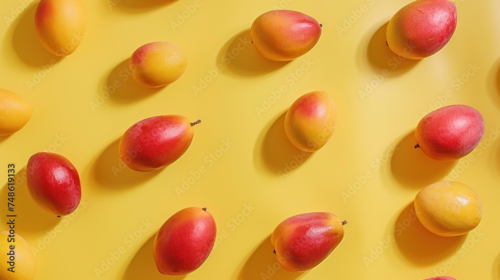 a group of peaches sitting on top of a yellow surface next to a couple of peaches on top of each other.