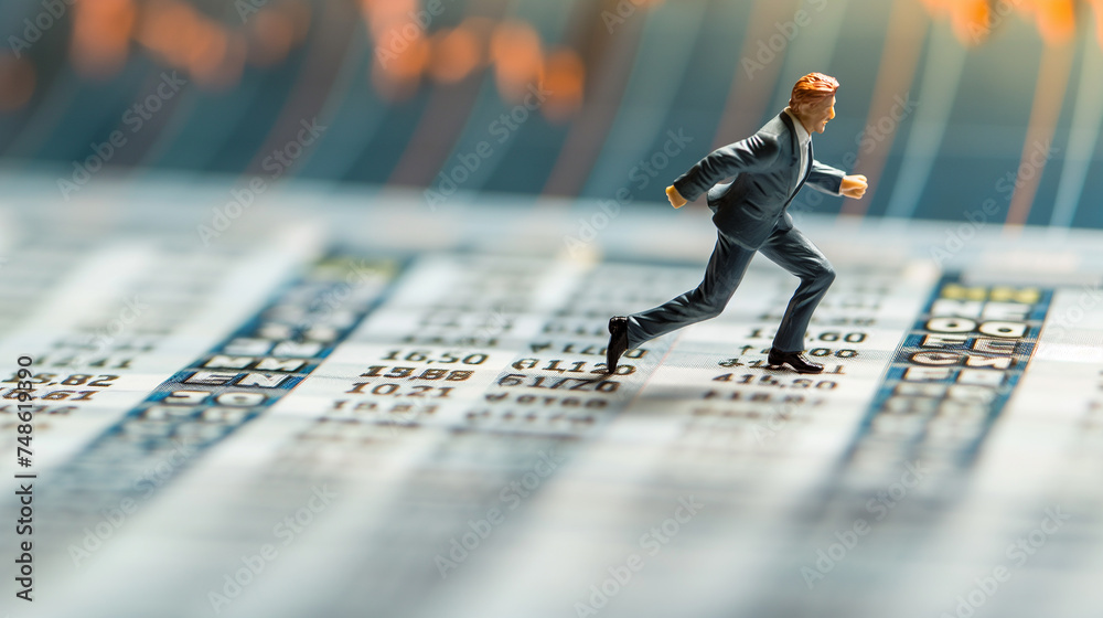 A tiny figure of a businessman in a suit, joyfully running on a giant stock market ticker, business and financial concept - obrazy, fototapety, plakaty 