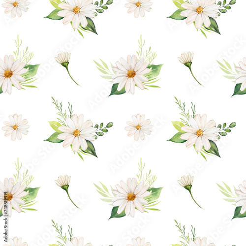 Watercolor seamless pattern with bouquets of daisies and leaves. Botanical print with floral arrangements, chamomile flowers, greenery, twigs and leaves. Wallpaper, background, textile design. © Yana