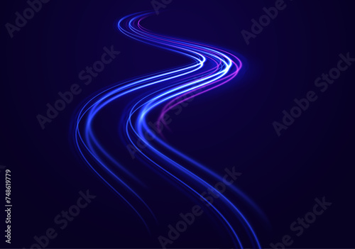 Neon swirl. Curve blue line light effect. Cyberpunk light trails in motion or light slow shutter effect. Concept of leading in business, Hi tech products, warp speed wormhole science vector design.