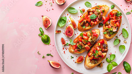 Plate with bruschetta with fig on pink background