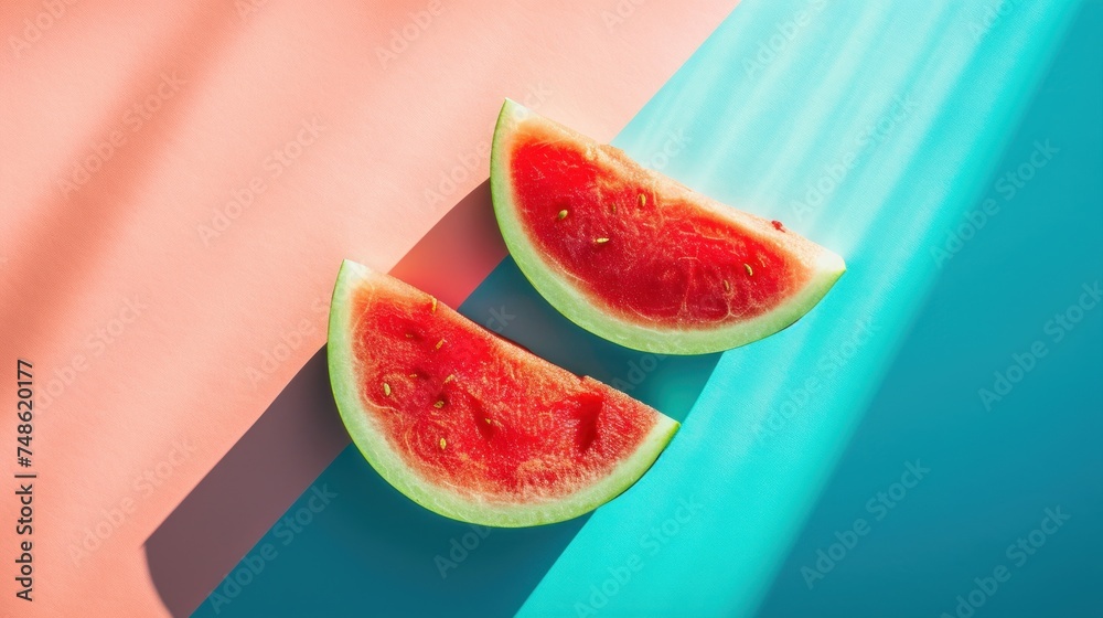 a couple of slices of watermelon sitting on top of a blue and pink counter top next to each other. a couple of slices of watermelon sitting on top of a blue and pink counter top next to each other.