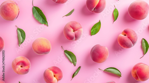 a group of peaches with green leaves on a pink background with a green leaf on the top of one of the peaches.