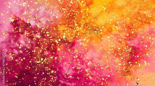 Vibrant colorful gradient red and orange powder with golden shining glitter splatters.