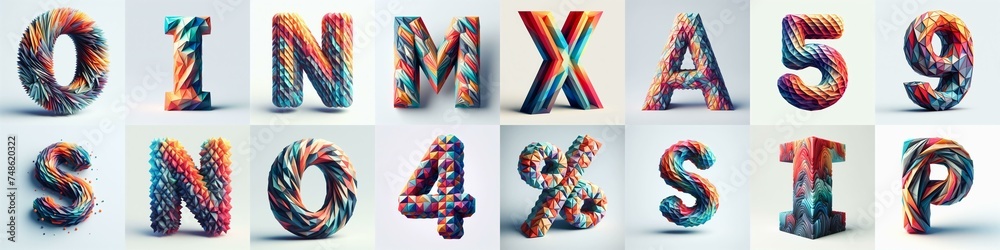 Fototapeta premium Modern 3D lettering blends Trianglify colors. AI generated illustration