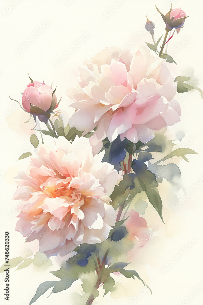 Watercolor illustration of pastel pink  peonies. Botanical artwork for invitation, greeting card, poster. Floral composition for wedding or anniversary invitation with copy space.