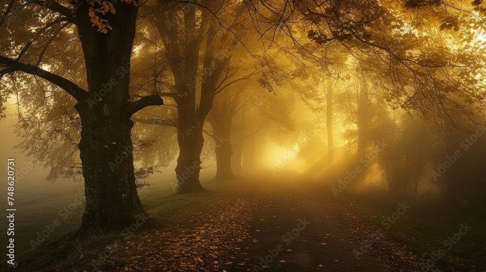 the sun shines through the foggy trees path through a park foggy autumn day.