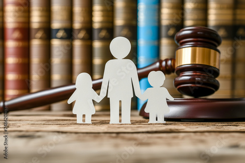 Mother with children without father and judge's hammer. Deprivation of the parental rights of father. Law protecting kids from dad violence photo