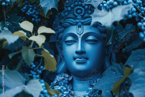 A serene Statue of the Buddha, adorned with a blue flowery background. Fictional Character Created By Generated By Generated AI. © shelbys