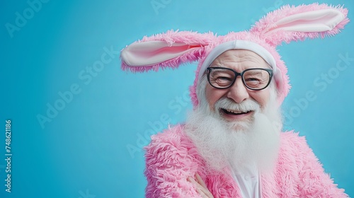 stylish Senior man in Easter bunny costume smiling positive emotions blue background with place for text photo