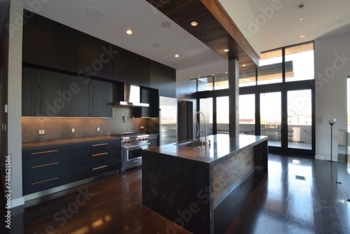 Modern minimalist kitchen with a stylish appearance  dark interior Large interior space. Generative AI