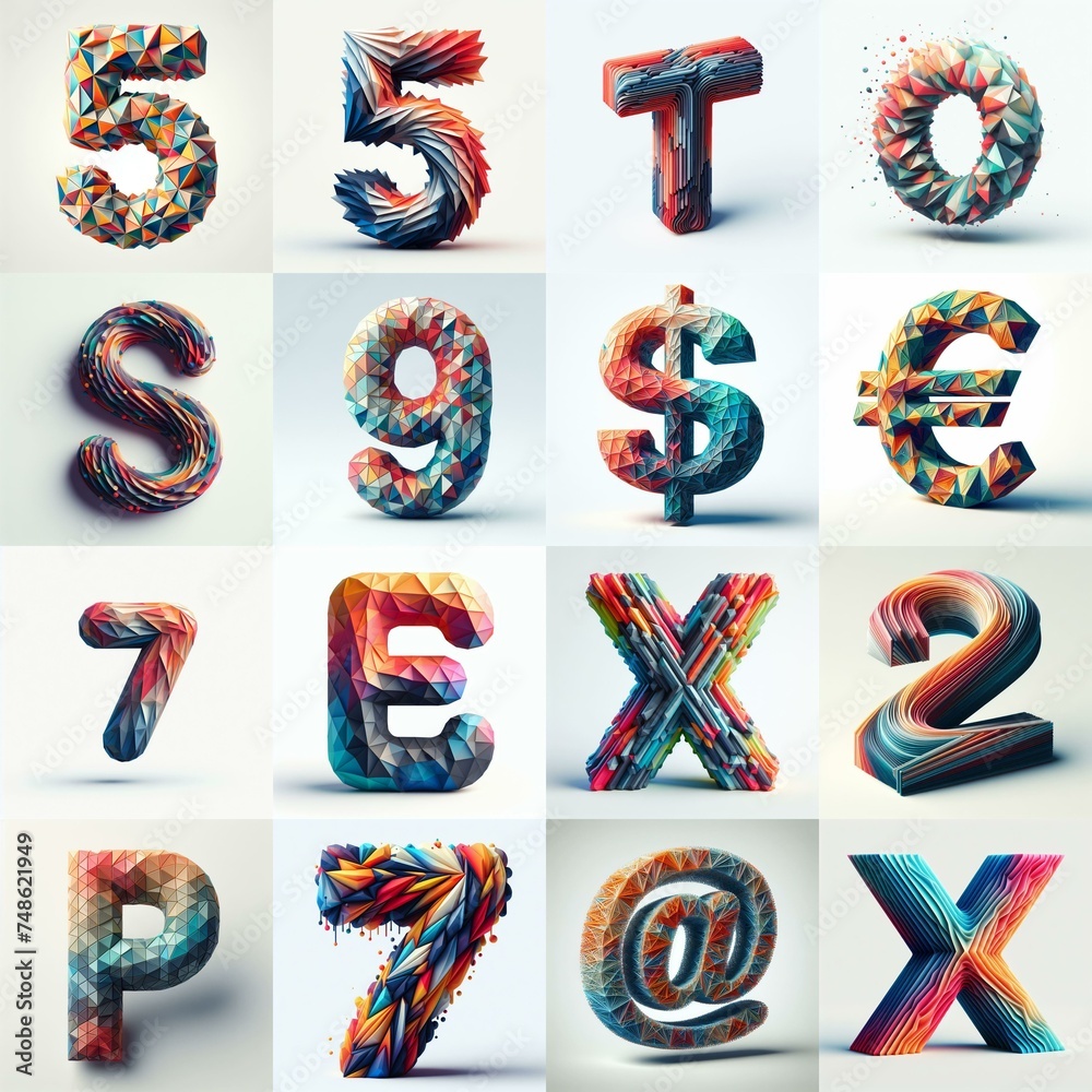 Modern 3D lettering blends Trianglify colors. AI generated illustration