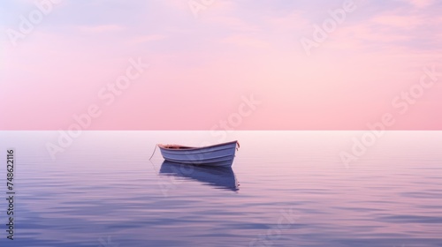a small boat floating on top of a body of water under a pink and blue sky with a few clouds.