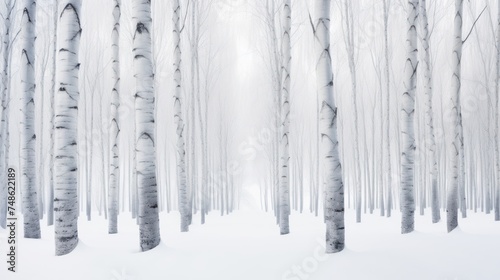 a forest filled with lots of tall trees covered in a snow covered forest filled with lots of tall white trees.