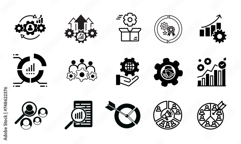 Management icon set. Containing seo, content, website, sales and online advertising. Solid vector symbol collection. Management icon set. Containing seo, content, website, sales and online advertising. Solid vector symbol collection.
