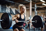 young beautiful woman with an athletic build in gym with barbell doing sports.