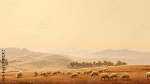 a herd of sheep grazing on top of a dry grass covered field in front of a mountain range at sunset.