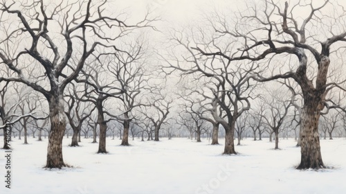a group of trees with no leaves on them in the middle of a snow covered field with no leaves on them.