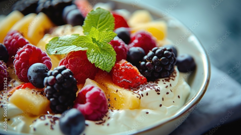 a close up of a bowl of fruit salad with a mint garnish on the top of the salad. a close up of a bowl of fruit salad with a mint garnish on the top of the salad.
