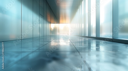 A modern, sleek corridor with reflective flooring and walls, with natural light from the windows at the end of the hallway. A modern and clean background for a PowerPoint presentation. photo