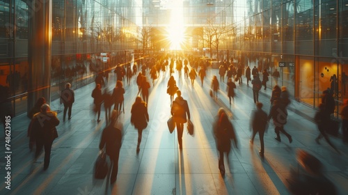 A busy urban scene with people walking, illuminated by the warm glow of a sunrise. The setting is an urban environment, a business district, with modern glass buildings on both sides