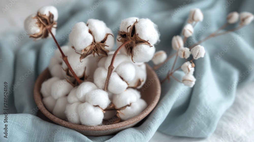 a wooden bowl filled with cotton sitting on top of a blue cloth covered table next to a wooden bowl filled with cotton. a wooden bowl filled with cotton sitting on top of a blue cloth covered table next to a wooden bowl filled with cotton.