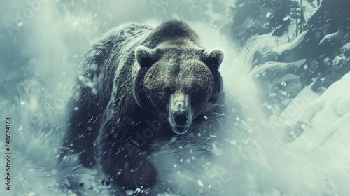 Wild brown Bear on Mountain in snow Winter. AI Generative