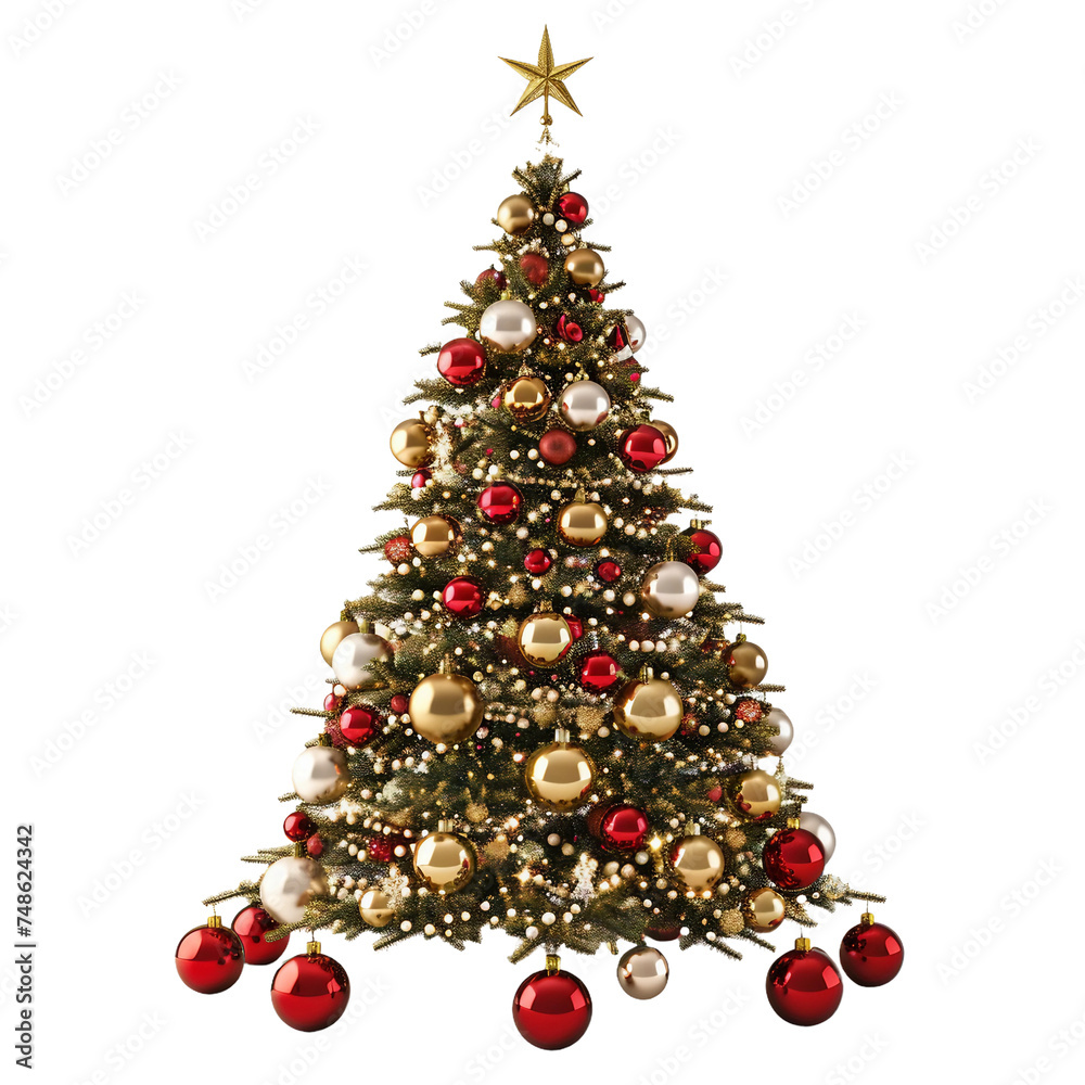 Golden Stars and Red Balls Tree on a transparent background