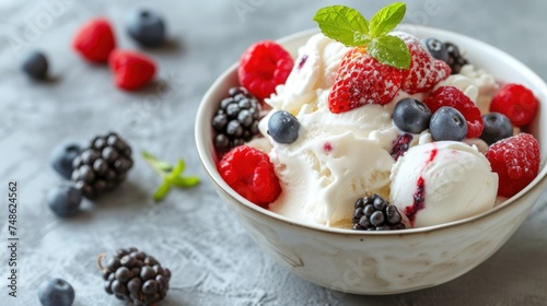 a bowl of ice cream with berries, raspberries, blueberries, and mint on a gray surface.