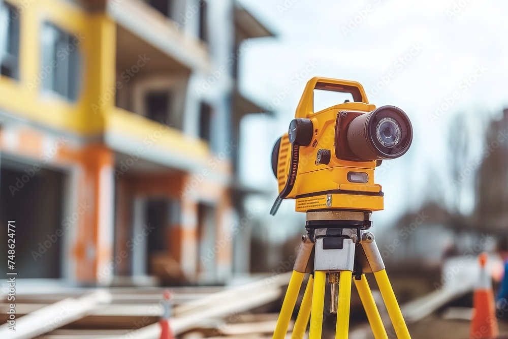 A yellow tripod supporting a camera for a surveyor at a new construction site.