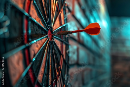 A red dart precisely strikes the center of a dartboards bullseye. photo