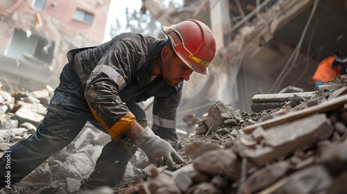 A Rescue worker dig for survivors after a catastrophic earthquake to locate survivors amidst the rubble of fallen buildings.