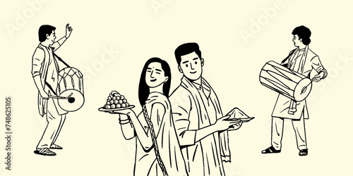 Indian people outline hand-drawn illustrations celebrating the Holi festival 