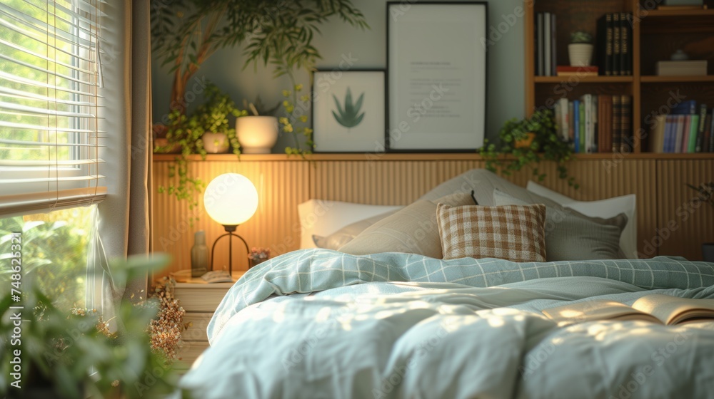 A cozy bedroom at home. Bedroom with bad, pillows, window, pictures, lamps, bookshelf. Very cute cozy interior design, grey and orange colors, modern stylish bedroom project, romantic dim lighting - obrazy, fototapety, plakaty 