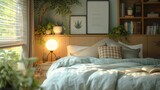 A cozy bedroom at home. Bedroom with bad, pillows, window, pictures, lamps, bookshelf. Very cute cozy interior design, grey and orange colors, modern stylish bedroom project, romantic dim lighting