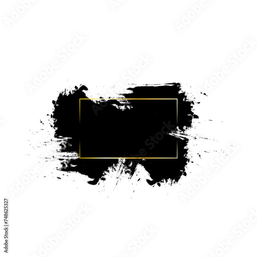 Hand drawn ink brush strokes with gold frame. Gold frame on dirty artistic brush ink texture. Design element Stamp label for your text. Vector illustration