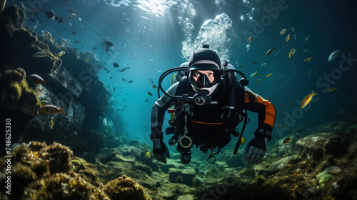 A scuba drivers through tunnel under the ocean with fish and undersea life wonders around them.