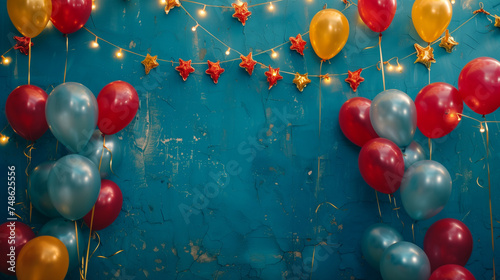 Colorful balloons with hanging elements arranged to create a copy space on a blue worn cement background