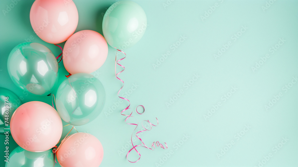 Cyan and pink balloons pop against a pastel confetti background