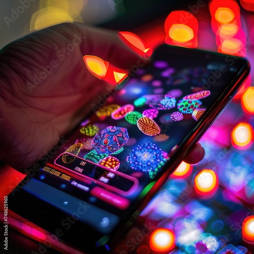 A gamer holding a mobile ph...