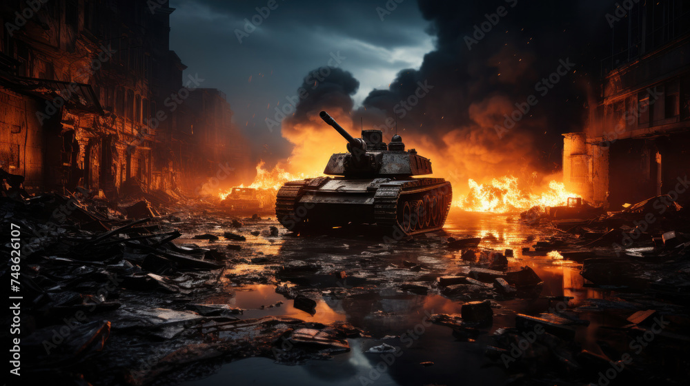 Armored tank crosses a mine field during war invasion epic scene of fire and some in destroyed city. Armored tank crosses a mine field during war invasion epic scene of fire and some in destroyed city.