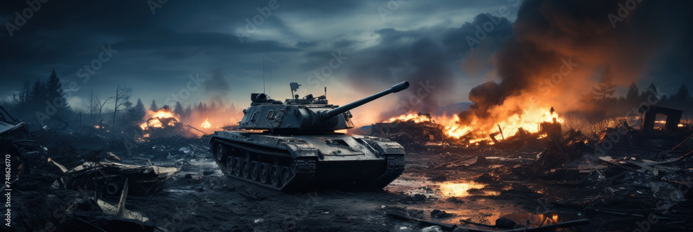 Armored tank crosses a mine field during war invasion epic scene of fire and some in destroyed city. - obrazy, fototapety, plakaty 