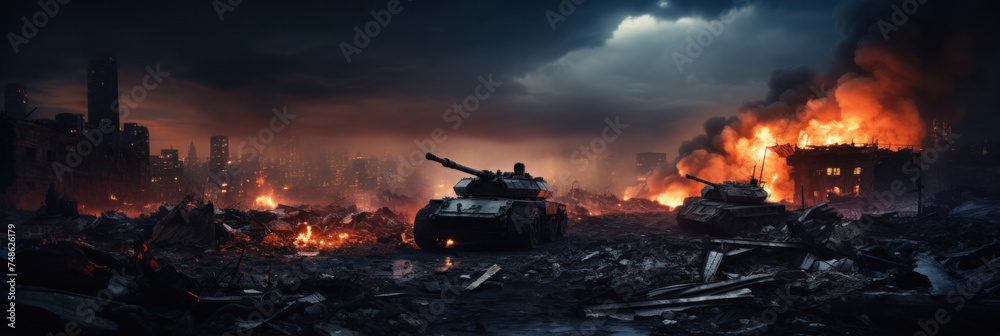 Armored tank crosses a mine field during war invasion epic scene of fire and some in destroyed city.