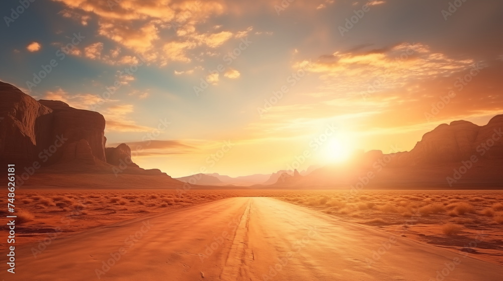 Naklejka premium a road at desert with beautiful sunset, wallpaper or background of dirt road at desert
