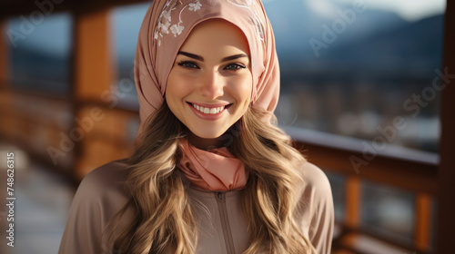 Attractive woman in tracksuit running wearing turban or hijab head scarf for diversity and middle east healthy lifestyle.