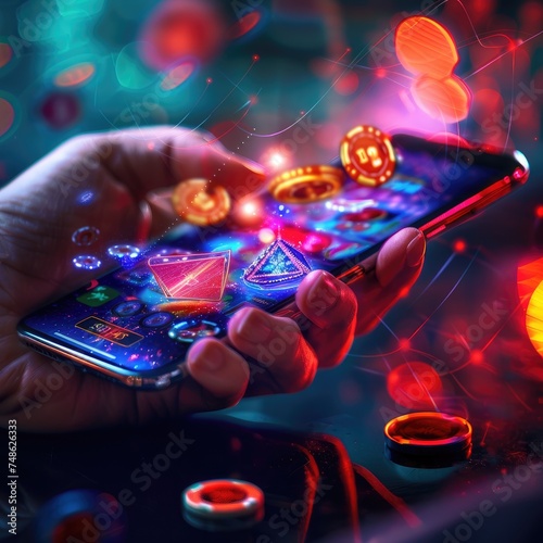 A gamer holding a mobile ph...