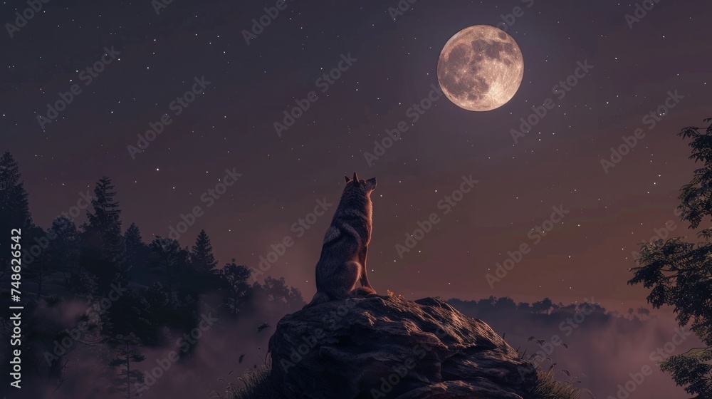 Naklejka premium A night moment with a beautiful wolf in the background, the full moon is shining. Generative AI