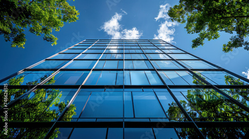 Building reflects nature and, sustainable glass building for reducing heat and carbon dioxide, Office building with a green environment, Eco-friendly building in the city