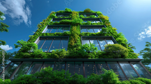 Building reflects nature and, sustainable glass building for reducing heat and carbon dioxide, Office building with a green environment, Eco-friendly building in the city