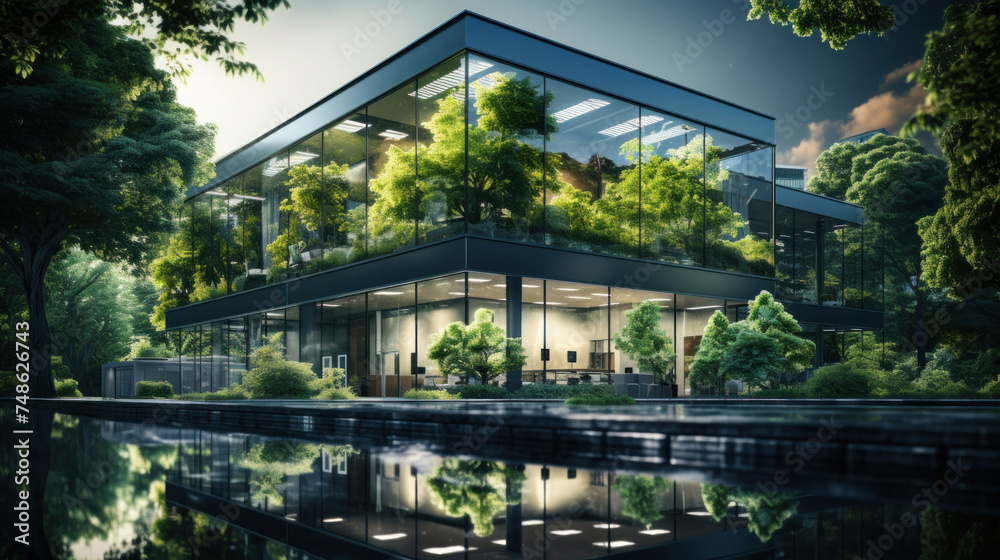 Obraz premium Building reflects nature and, sustainable glass building for reducing heat and carbon dioxide, Office building with a green environment, Eco-friendly building in the city